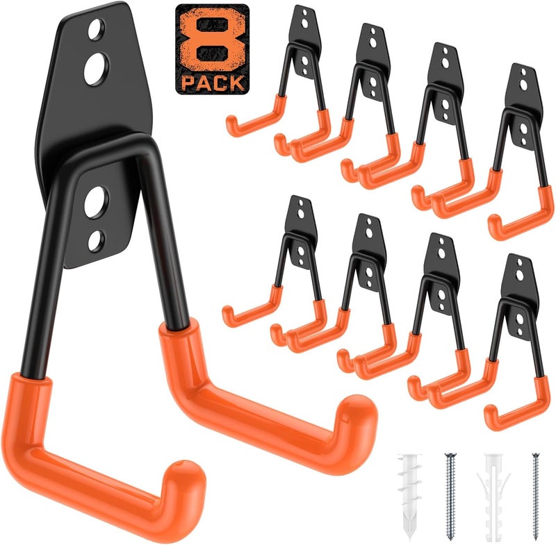 Cpais Garage Hooks with Anti-Slip Coating,Heavy Duty Wall Mount Storage Hooks for Hanging Bike,Hose,Ladder,Yard,Garden Tools (8 Pack Orange 4.5x2.75 inch) - Image 1